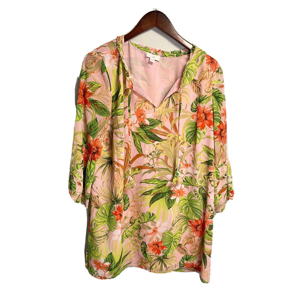 J. Jill Womens V-neck Floral Tropical Tunic‎ Flare Sleeve Lined Size Medium
